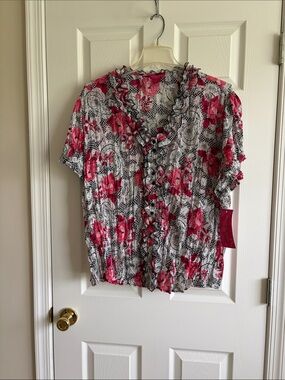 Sunny Leigh Pink Floral Ruffle Front Blouse